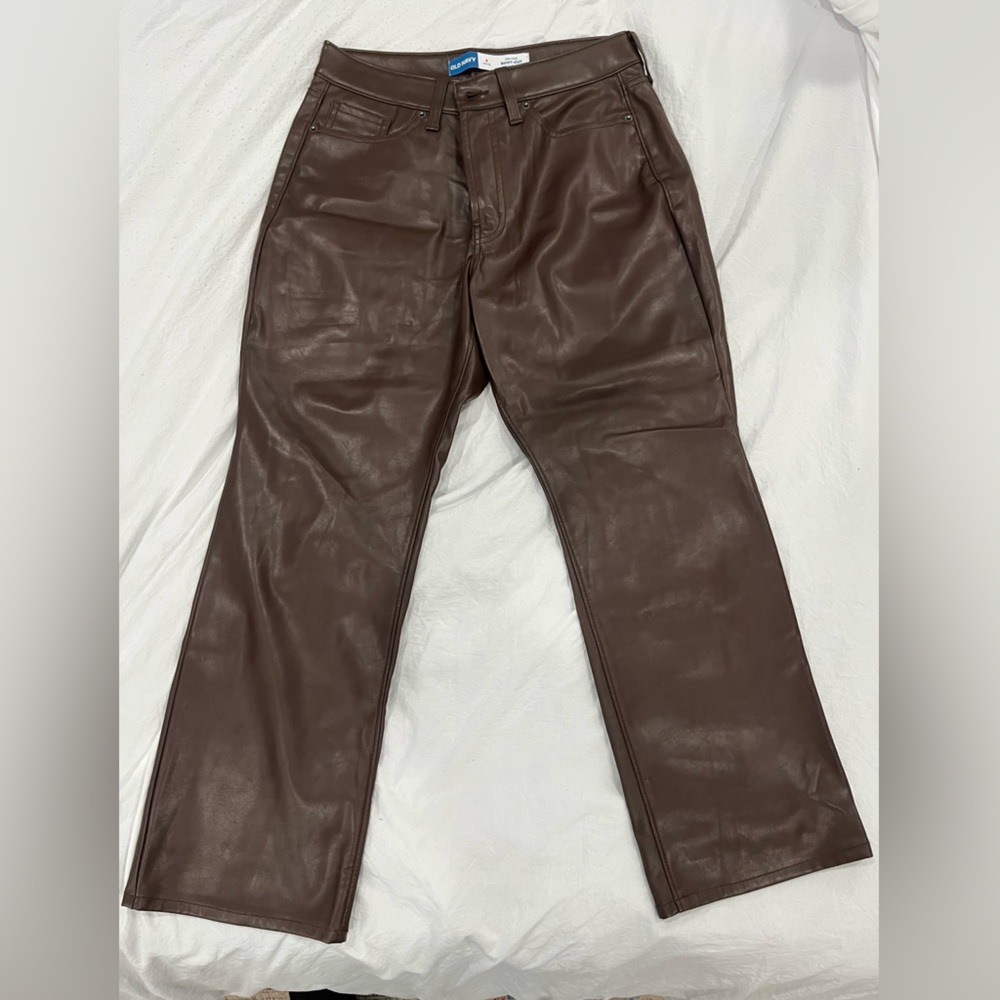 Petite brown faux-leather boot cut pants #leatherpants